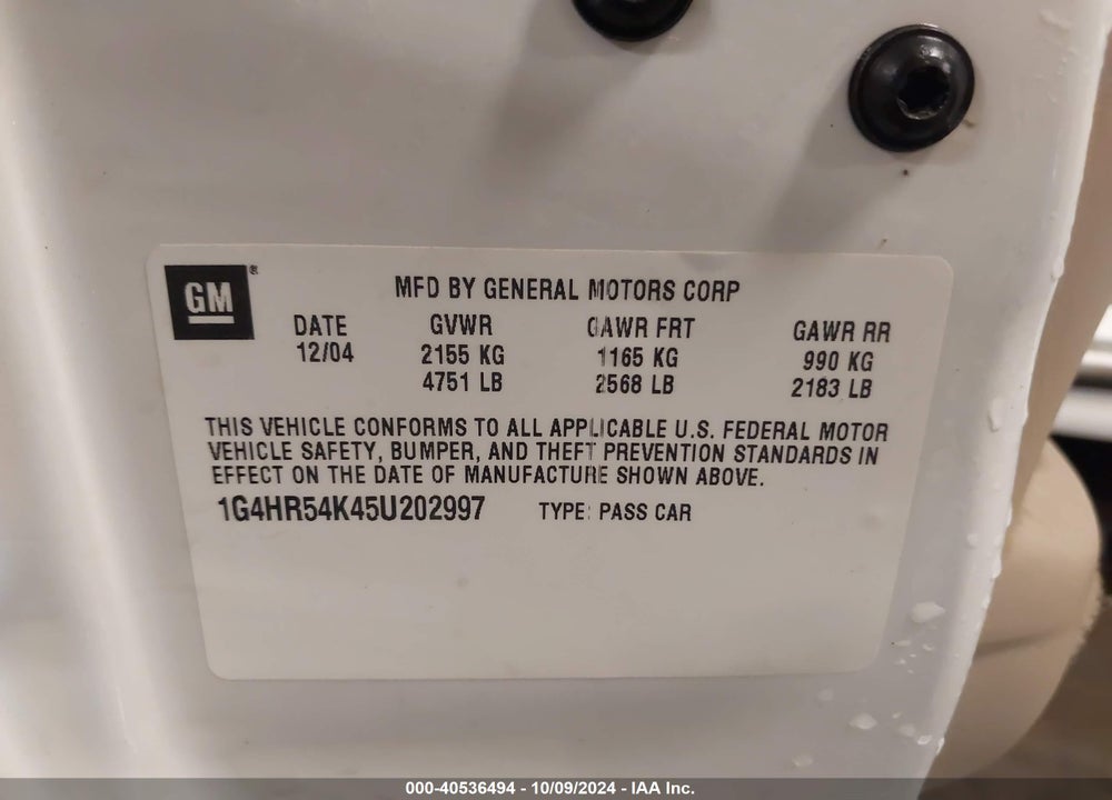 2005 BUICK LESABRE LIMITED VIN: 1G4HR54K45U202997