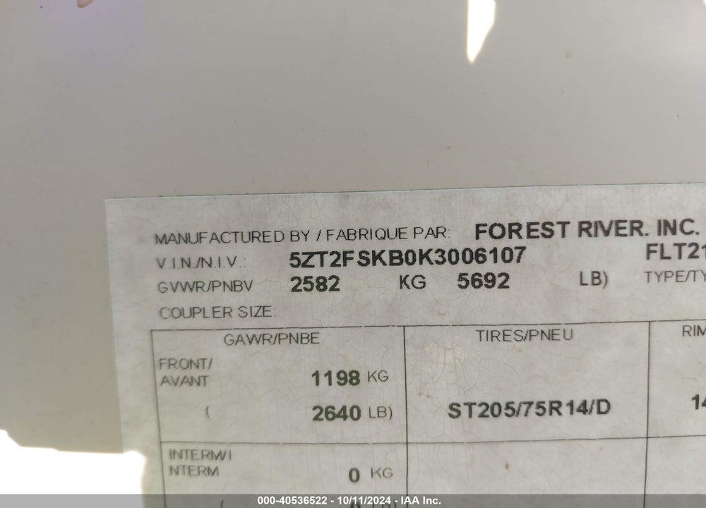 2019 UNDEFINED MICRO L VIN: 5ZT2FSKB0K3006107