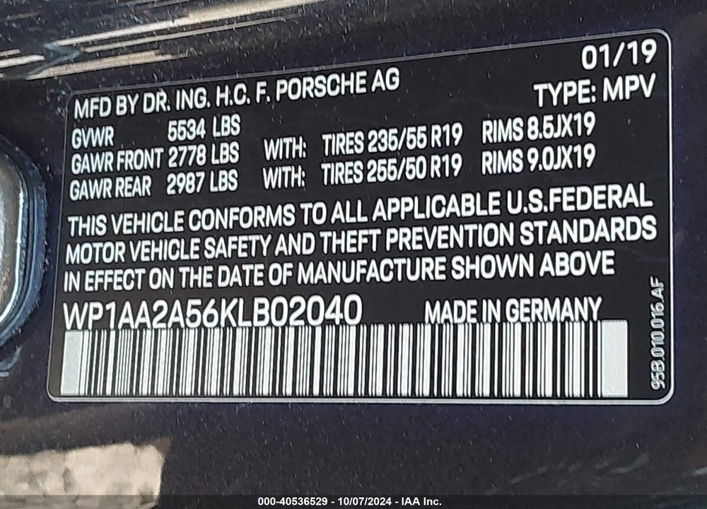 2019 PORSCHE MACAN VIN: WP1AA2A56KLB02040