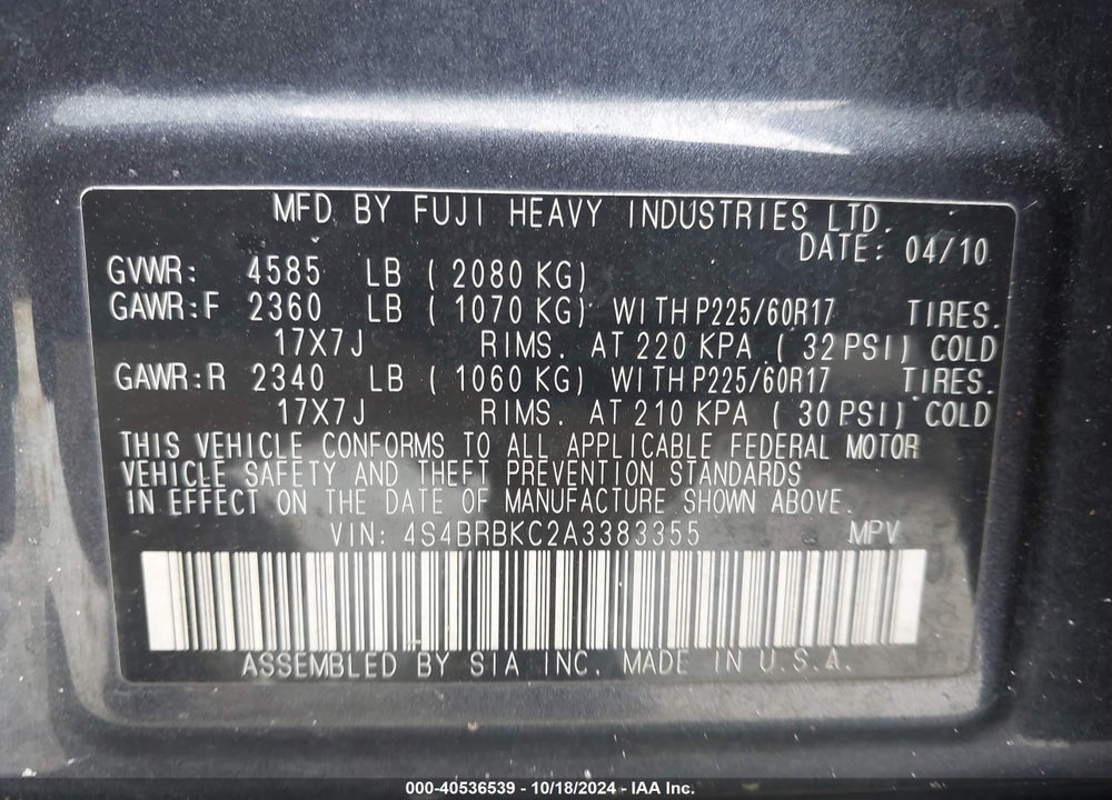 2010 SUBARU OUTBACK 2.5I LIMITED VIN: 4S4BRBKC2A3383355