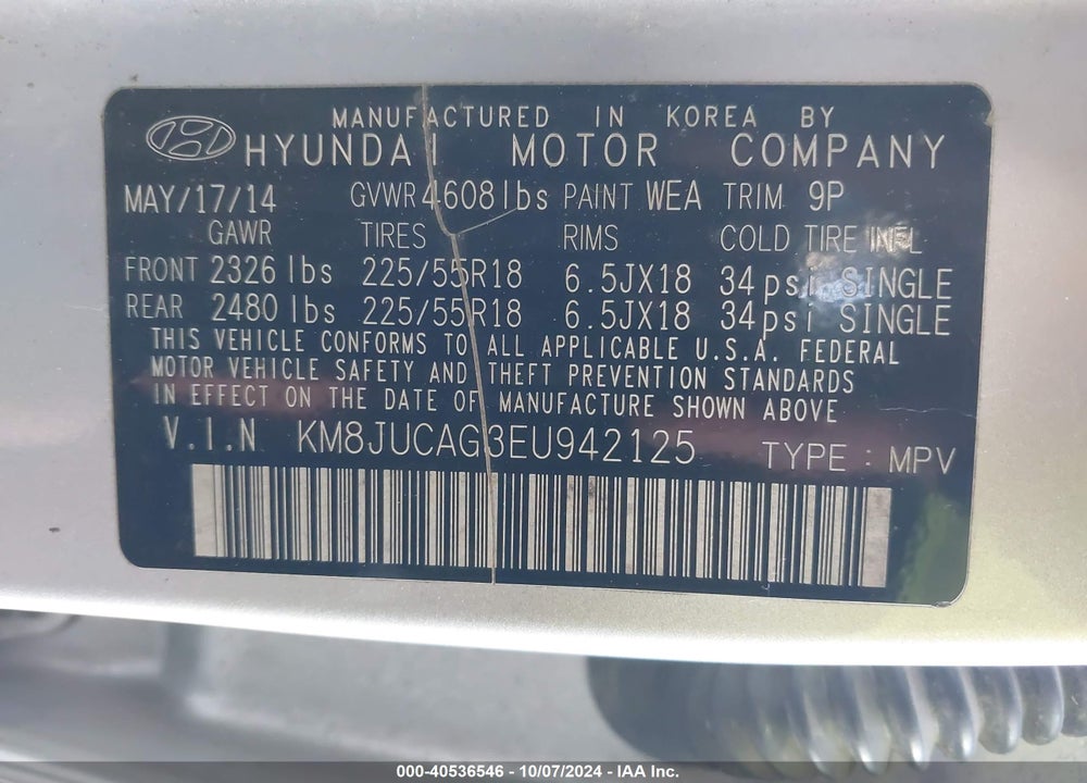 2014 HYUNDAI TUCSON LIMITED VIN: KM8JUCAG3EU942125