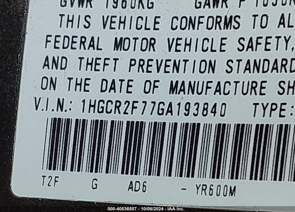 2016 HONDA ACCORD EX VIN: 1HGCR2F77GA193840
