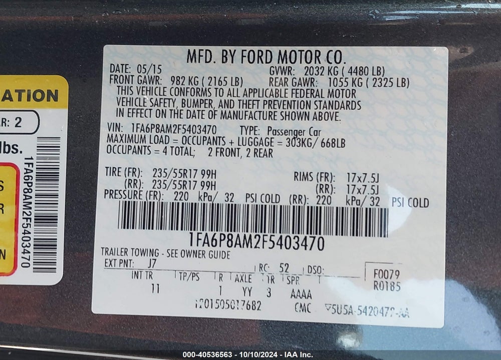2015 FORD MUSTANG V6 VIN: 1FA6P8AM2F5403470