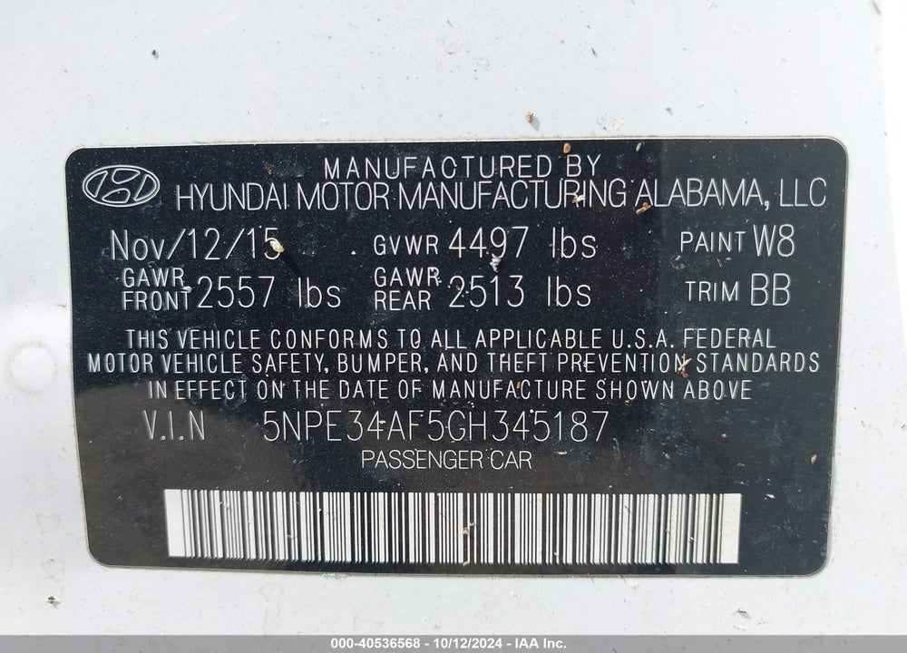 2016 HYUNDAI SONATA SPORT VIN: 5NPE34AF5GH345187