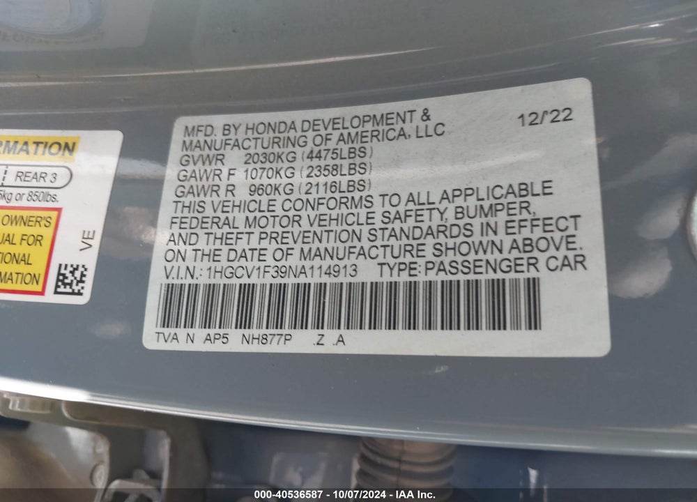 2022 HONDA ACCORD SPORT VIN: 1HGCV1F39NA114913