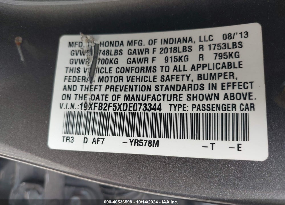 2013 HONDA CIVIC LX VIN: 19XFB2F5XDE073344