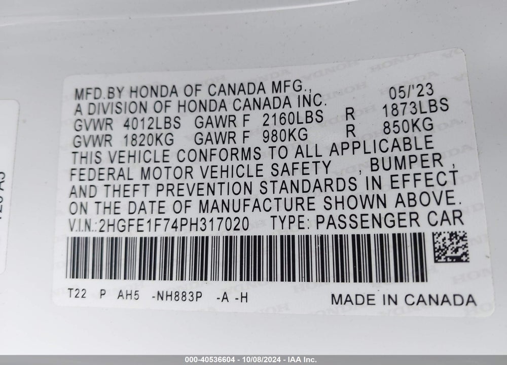 2023 HONDA CIVIC EX /EX W/O BSI VIN: 2HGFE1F74PH317020