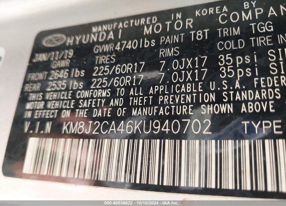 2019 HYUNDAI TUCSON SE VIN: KM8J2CA46KU940702