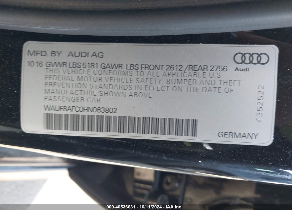 2017 AUDI A6 2.0T PREMIUM VIN: WAUF8AFC0HN063802
