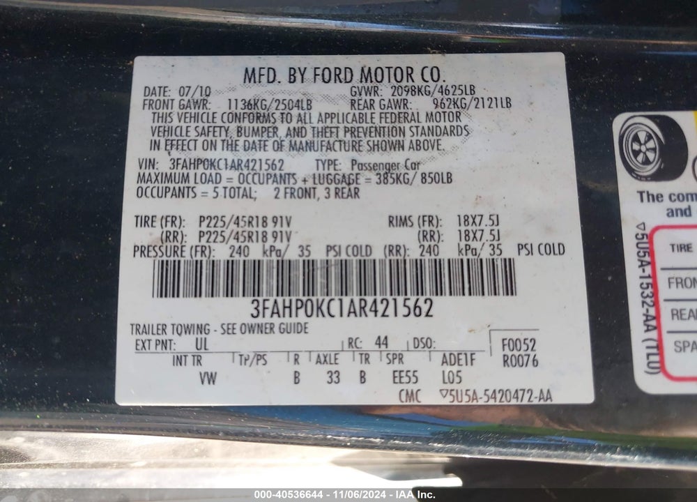 2010 FORD FUSION SPORT VIN: 3FAHP0KC1AR421562