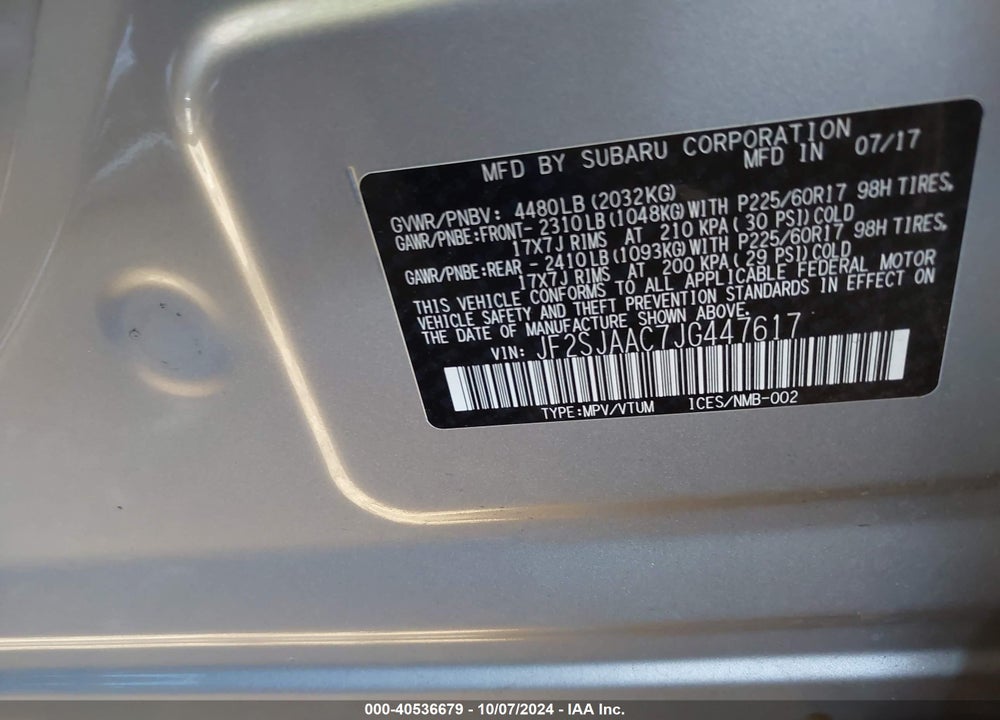 2018 SUBARU FORESTER 2.5I VIN: JF2SJAAC7JG447617