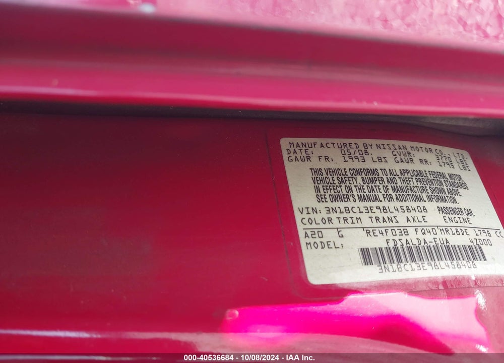 2008 NISSAN VERSA 1.8S VIN: 3N1BC13E98L458408