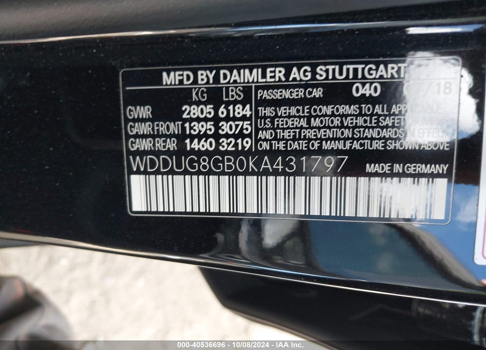 2019 MERCEDES-BENZ S 560 4MATIC VIN: WDDUG8GB0KA431797
