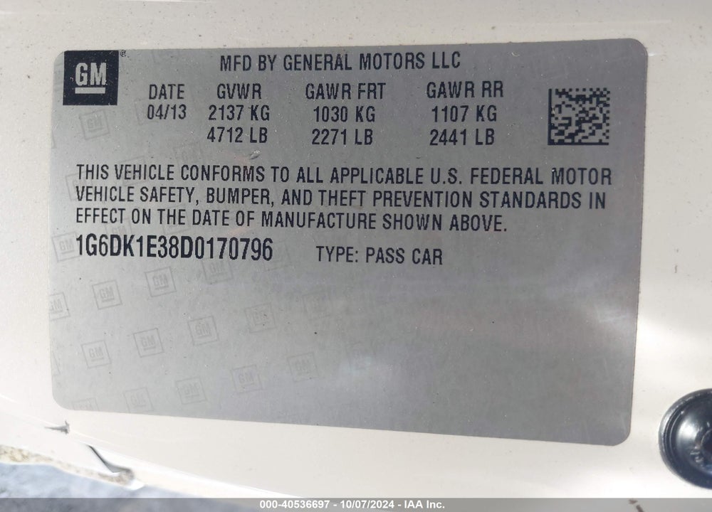 2013 CADILLAC CTS PERFORMANCE VIN: 1G6DK1E38D0170796