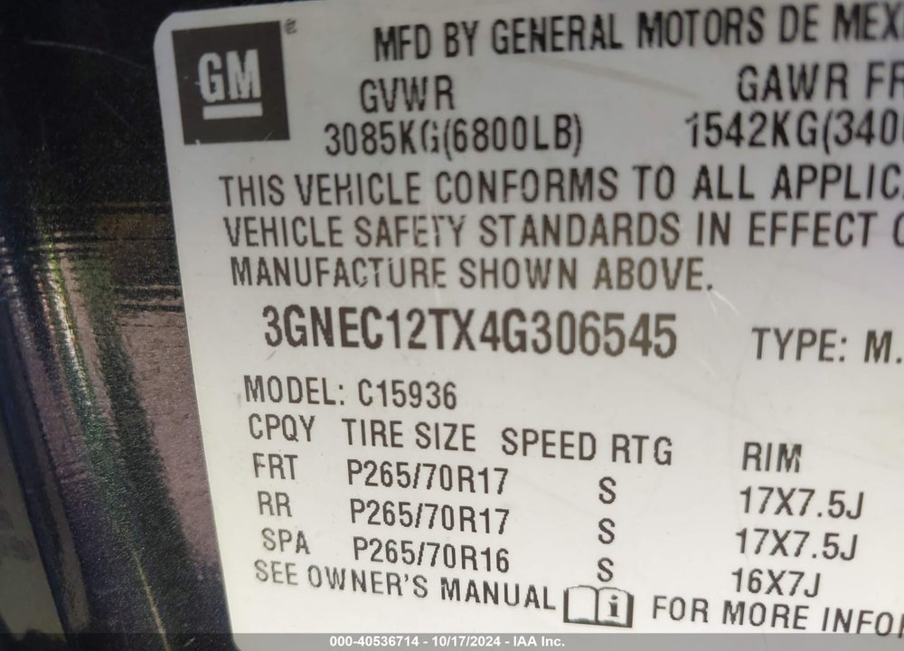 2004 CHEVROLET AVALANCHE 1500 VIN: 3GNEC12TX4G306545