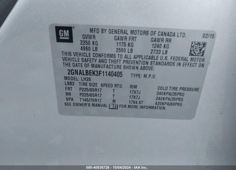 2015 CHEVROLET EQUINOX 1LT VIN: 2GNALBEK3F1140405