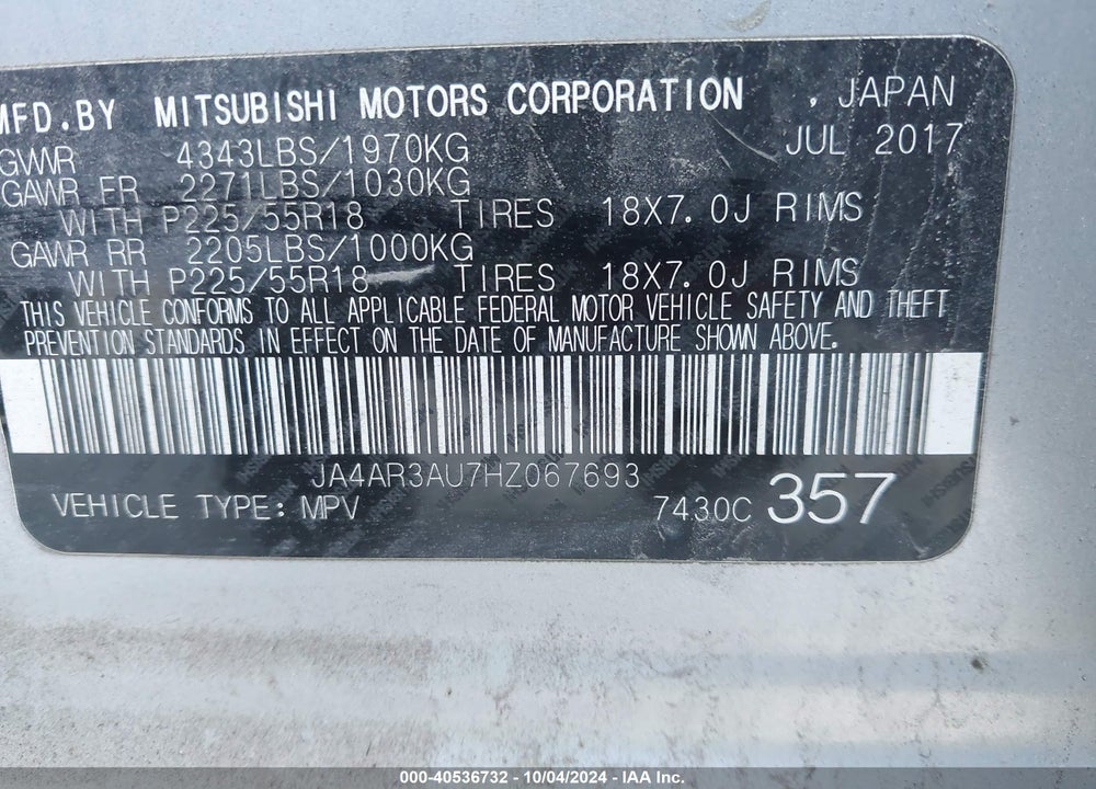 2017 MITSUBISHI OUTLANDER SPORT 2.0 ES VIN: JA4AR3AU7HZ067693