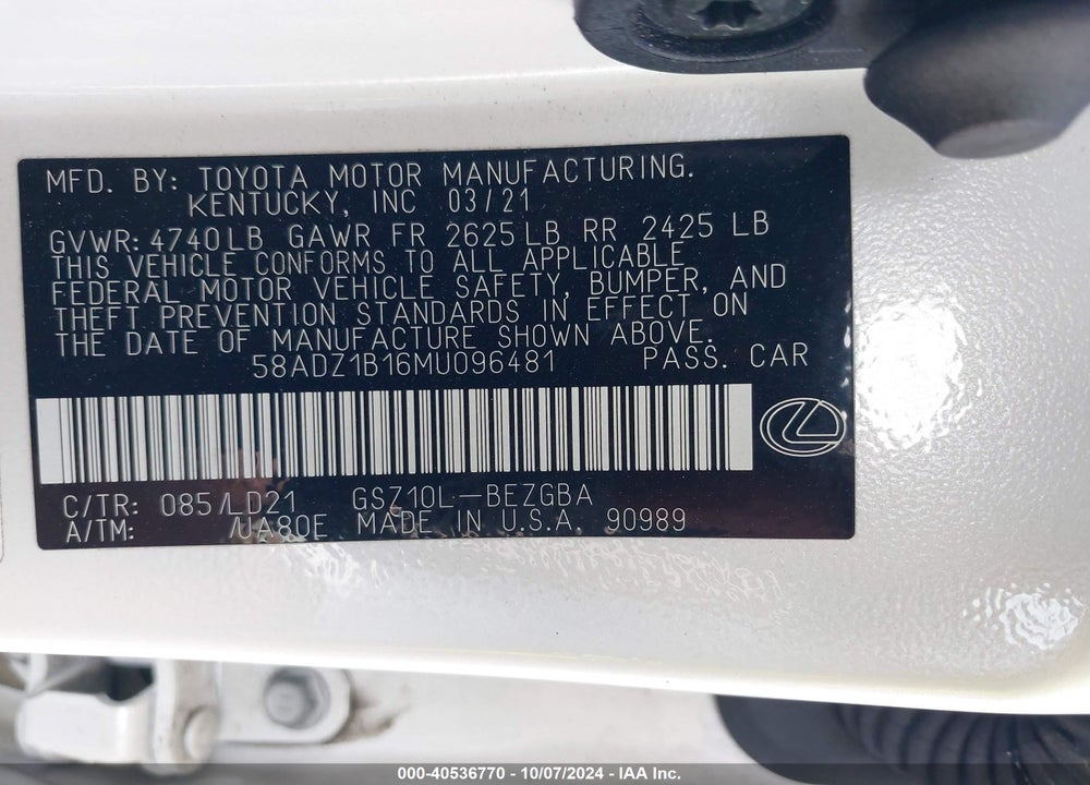 2021 LEXUS ES 350 VIN: 58ADZ1B16MU096481
