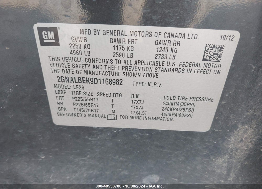 2013 CHEVROLET EQUINOX LS VIN: 2GNALBEK9D1168982