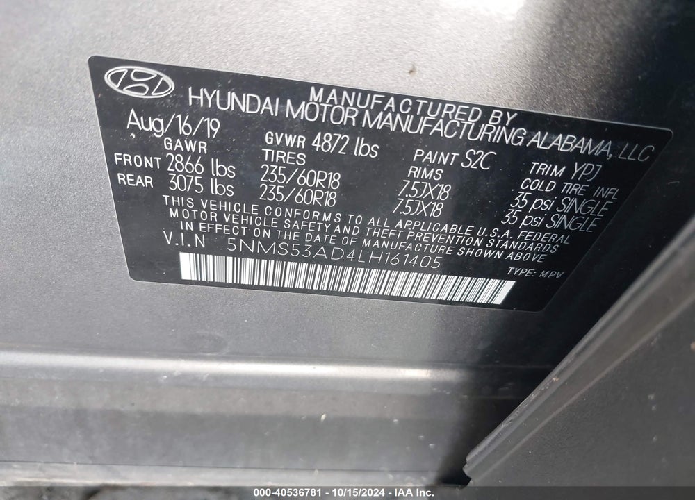 2020 HYUNDAI SANTA FE LIMITED VIN: 5NMS53AD4LH161405