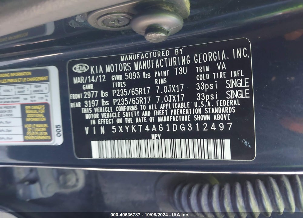 2013 KIA SORENTO LX VIN: 5XYKT4A61DG312497
