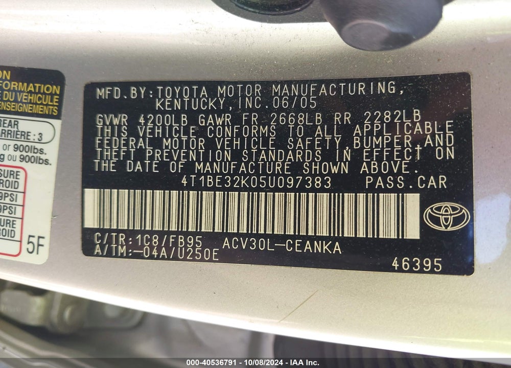 2005 TOYOTA CAMRY LE VIN: 4T1BE32K05U097383