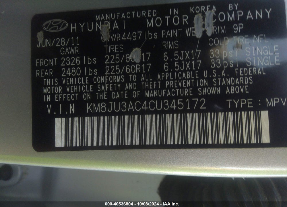 2012 HYUNDAI TUCSON GLS VIN: KM8JU3AC4CU345172