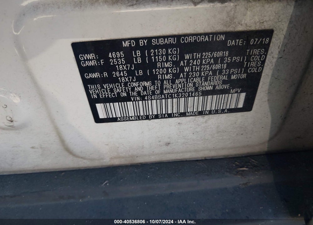 2019 SUBARU OUTBACK 2.5I TOURING VIN: 4S4BSATC1K3201465
