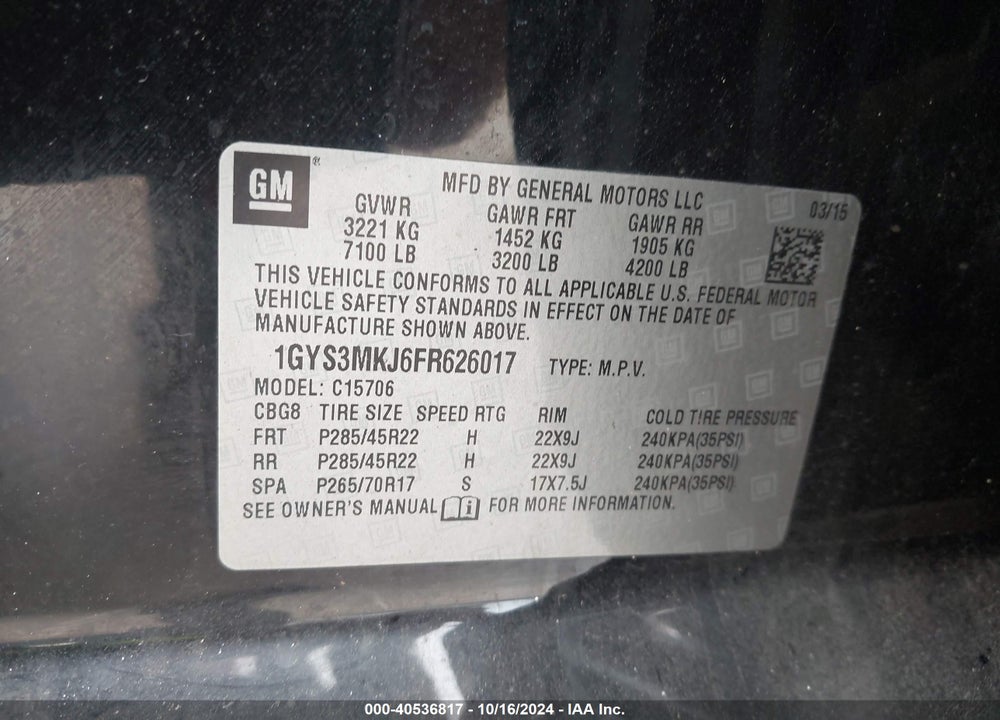 2015 CADILLAC ESCALADE LUXURY VIN: 1GYS3MKJ6FR626017