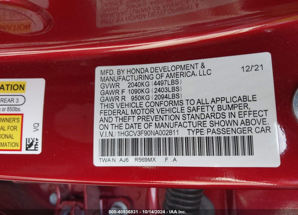 2022 HONDA ACCORD VIN: 1HGCV3F90NA002811