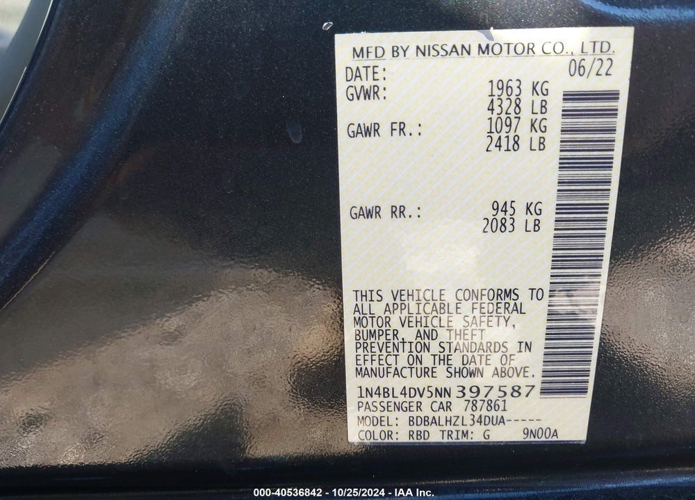 2022 NISSAN ALTIMA SV FWD VIN: 1N4BL4DV5NN397587