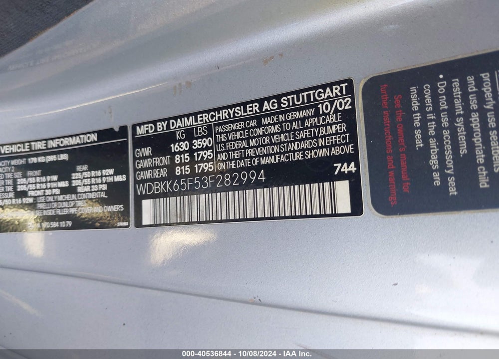2003 MERCEDES-BENZ SLK 320 VIN: WDBKK65F53F282994