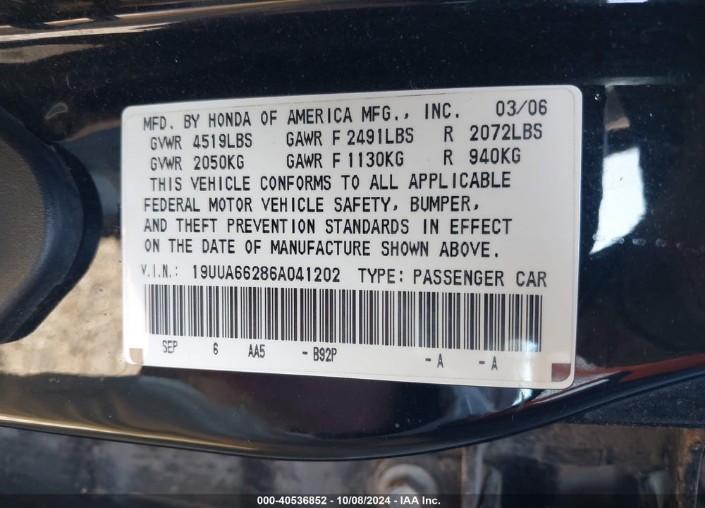 2006 ACURA TL VIN: 19UUA66286A041202