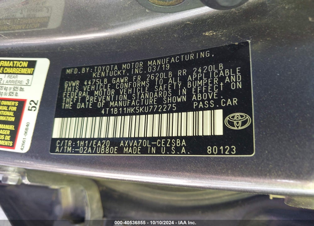 2019 TOYOTA CAMRY SE VIN: 4T1B11HK5KU772275