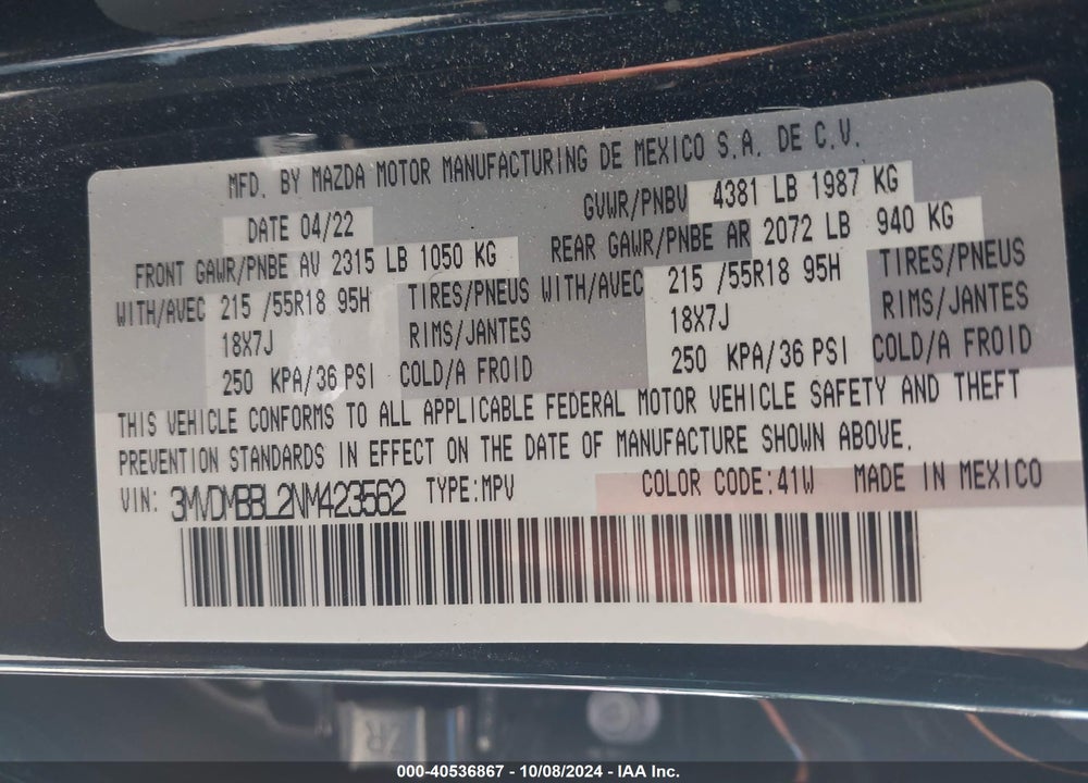 2022 MAZDA CX-30 VIN: 3MVDMBBL2NM423562