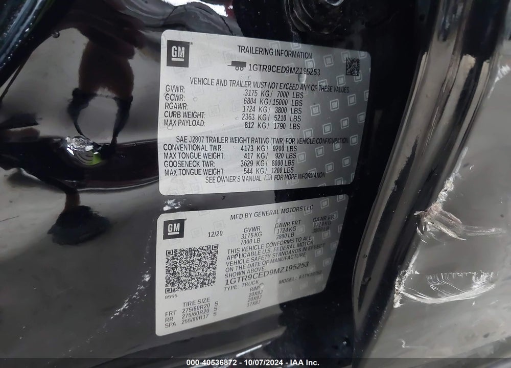 2021 GMC SIERRA 1500 4WD STANDARD BOX ELEVATION VIN: 1GTR9CED9MZ195253