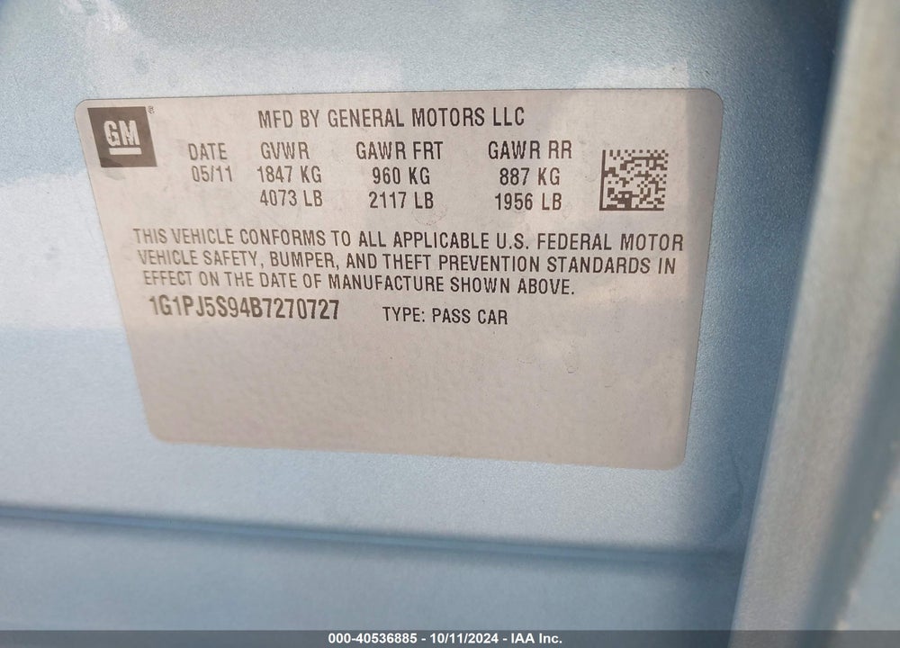 2011 CHEVROLET CRUZE ECO VIN: 1G1PJ5S94B7270727