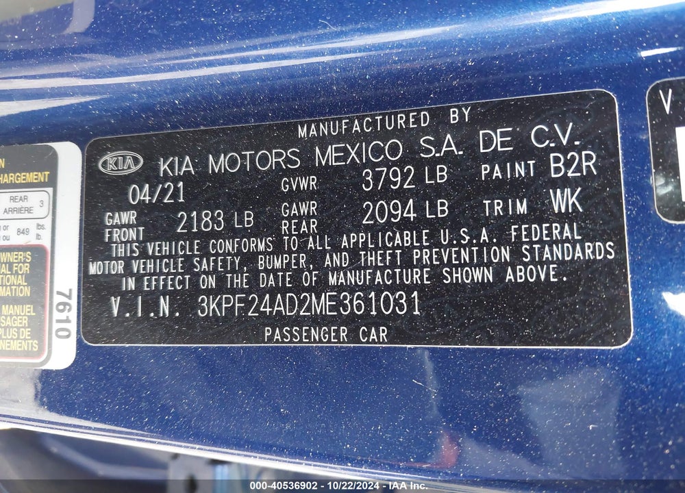 2021 KIA FORTE LXS VIN: 3KPF24AD2ME361031