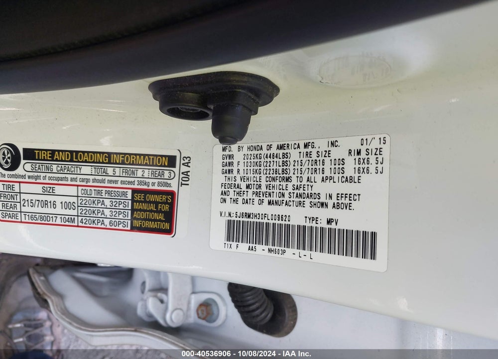 2015 HONDA CR-V LX VIN: 5J6RM3H30FL009620