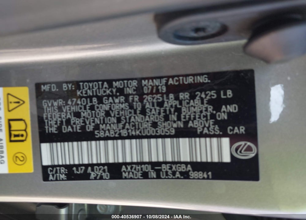 2019 LEXUS ES 300H VIN: 58AB21B14KU003059