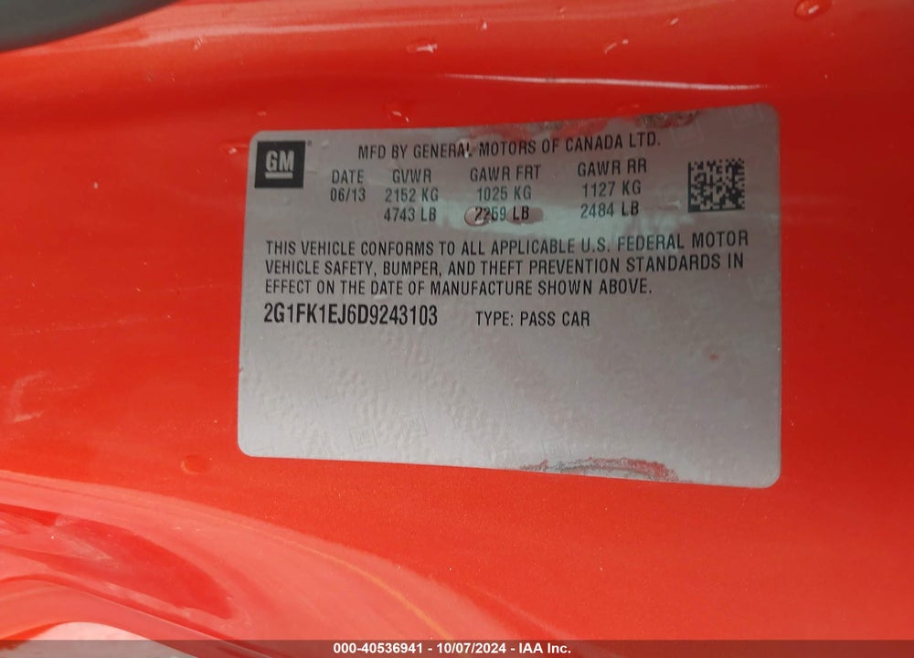2013 CHEVROLET CAMARO 2SS VIN: 2G1FK1EJ6D9243103