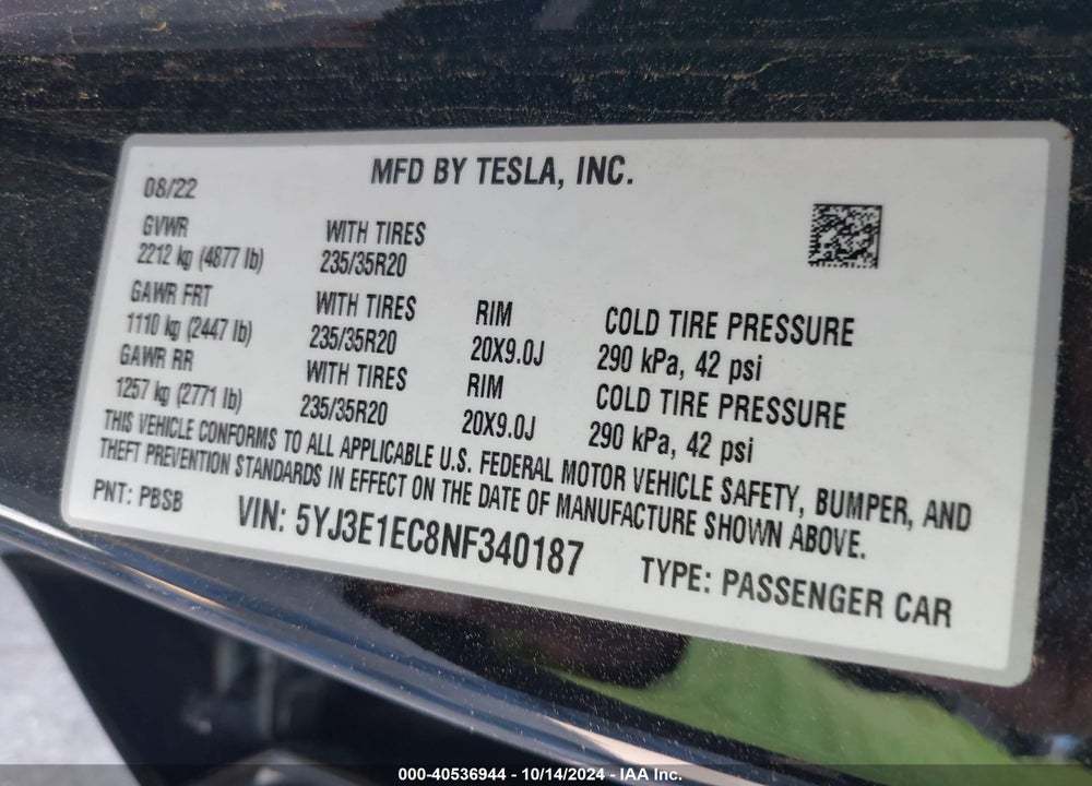 2022 TESLA MODEL 3 VIN: 5YJ3E1EC8NF340187