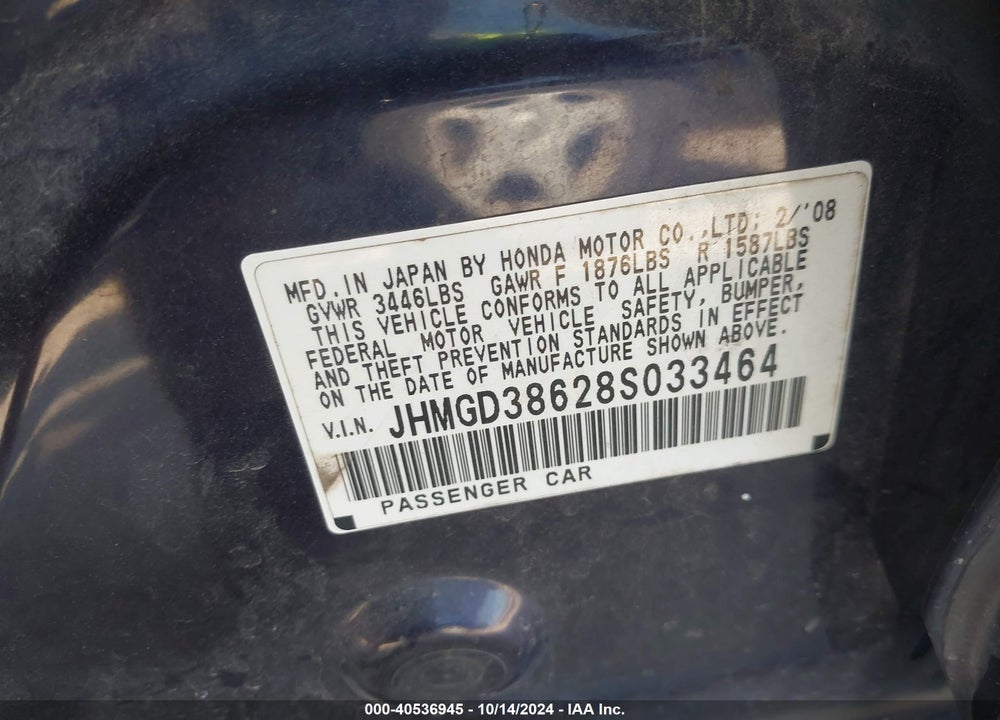 2008 HONDA FIT SPORT VIN: JHMGD38628S033464