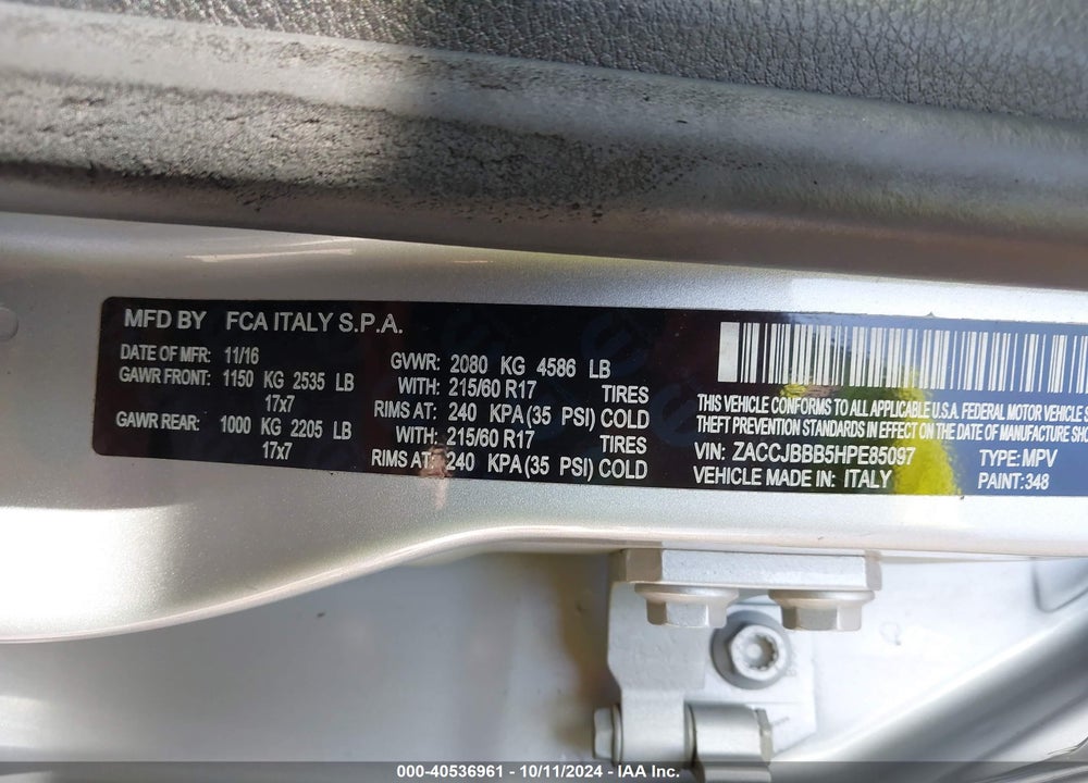 2017 JEEP RENEGADE LATITUDE 4X4 VIN: ZACCJBBB5HPE85097