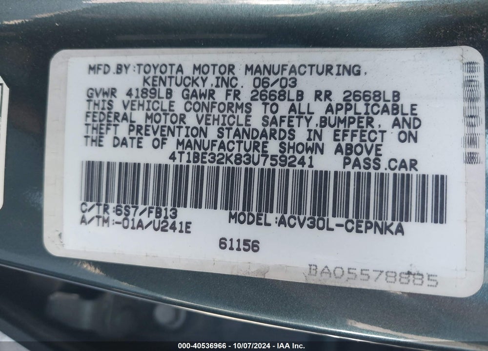 2003 TOYOTA CAMRY LE VIN: 4T1BE32K83U759241