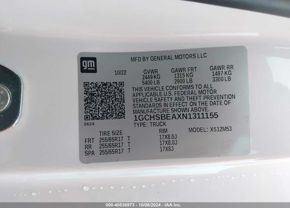 2022 CHEVROLET COLORADO 2WD LONG BOX WT VIN: 1GCHSBEAXN1311155
