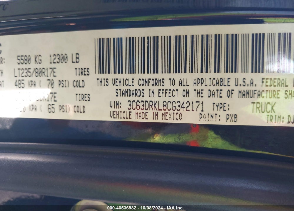 2012 RAM 3500 LAIE LONGHORN/LIMITED EDITION VIN: 3C63DRKL8CG342171