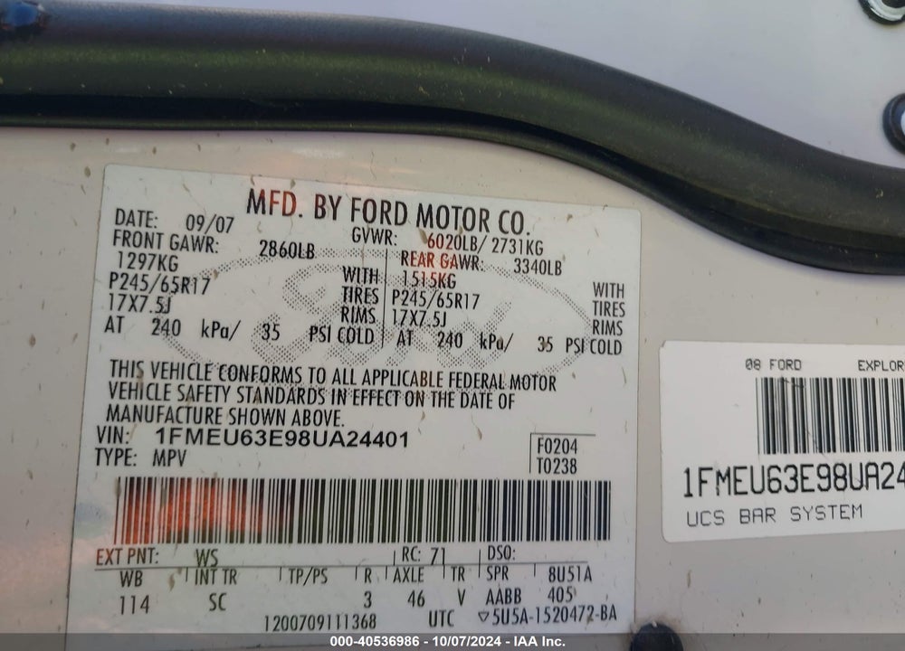 2008 FORD EXPLORER XLT VIN: 1FMEU63E98UA24401
