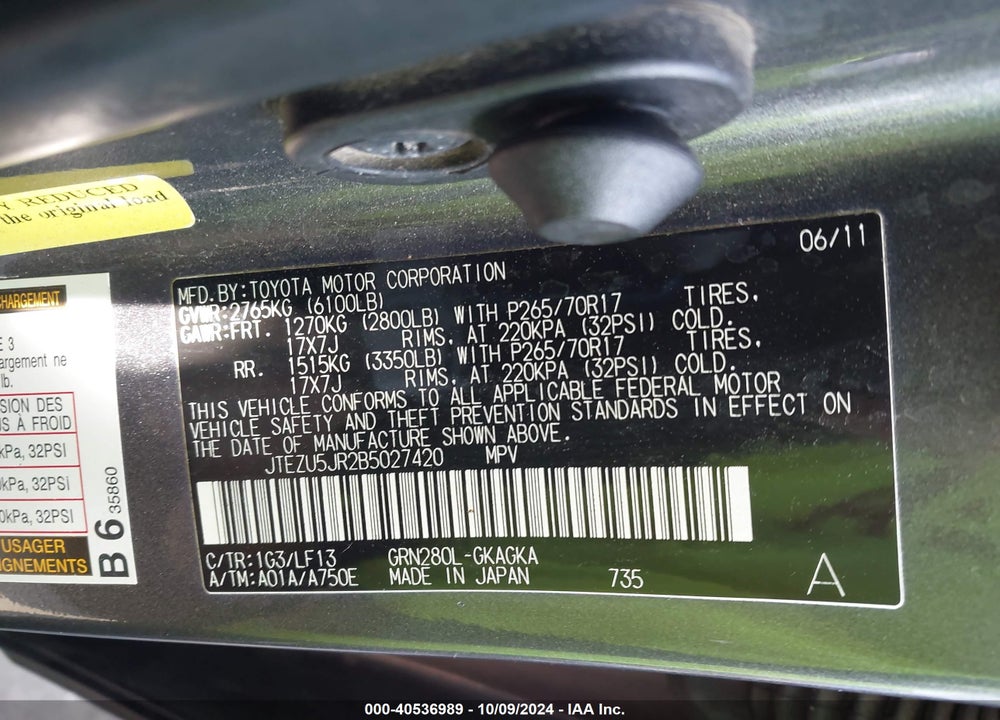 2011 TOYOTA 4RUNNER SR5 V6 VIN: JTEZU5JR2B5027420