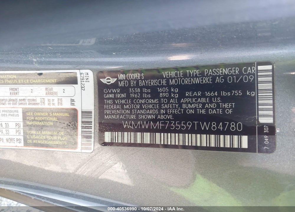 2009 MINI COOPER S VIN: WMWMF73559TW84780